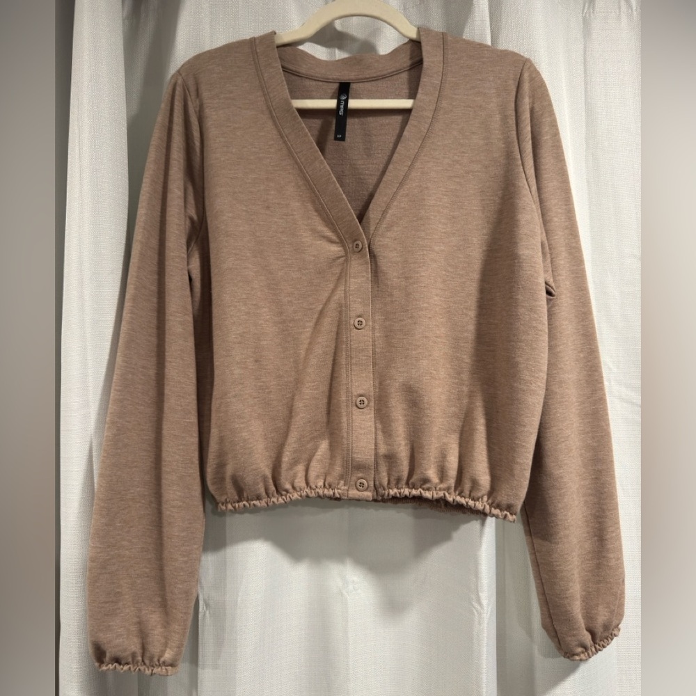 MPG Sport Women Tan Heathered Button Front Cropped Cardigan Sweater Small SP